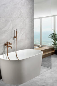 IMEX Miscelatore vasca-doccia oro rosa in ottone con tubo flessibile PVC 180 cm supporto doccia ABS maniglia rotonda cartuccia ceramica Ø35 mm finitura PVD spazzolata - Modello Imex-BDM039-4ORC Mo