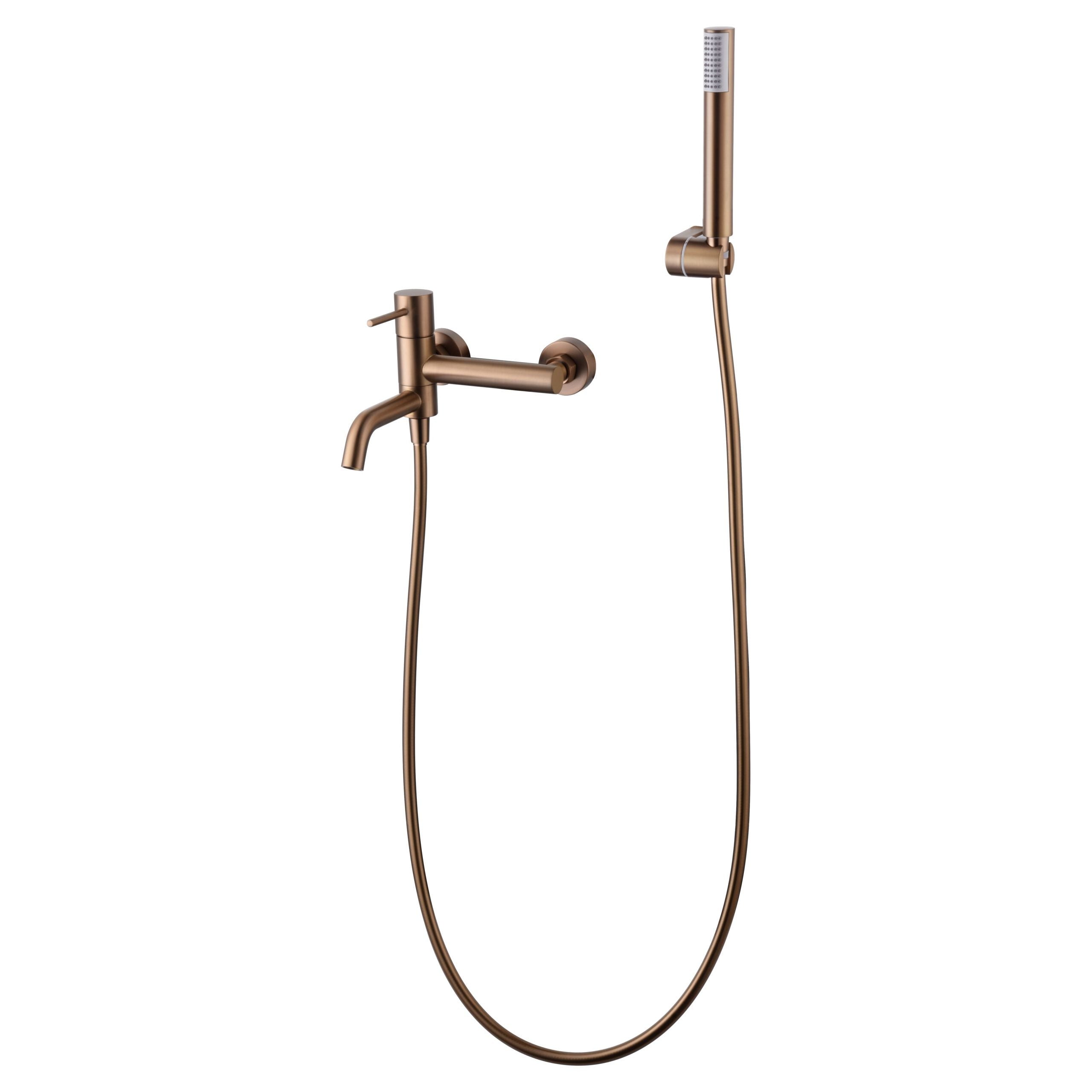 IMEX Miscelatore vasca-doccia oro rosa in ottone con tubo flessibile PVC 180 cm supporto doccia ABS maniglia rotonda cartuccia ceramica Ø35 mm finitura PVD spazzolata - Modello Imex-BDM039-4ORC Mo