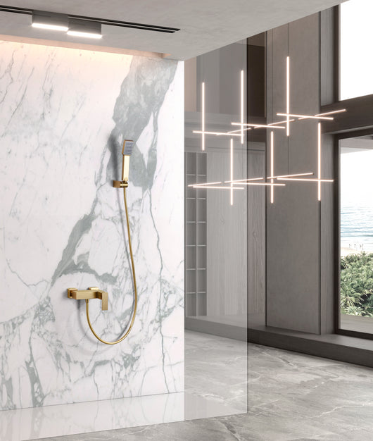 IMEX Miscelatore doccia in ottone con finitura PVD oro spazzolato portamanopola in ABS tubo flessibile metallico 180 cm manopola quadrata cartuccia ceramica Ø35 mm – Modello Imex-BDP048-5OC
