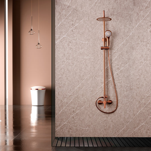 IMEX Set doccia monocomando Roma oro rosa corpo ottone asta estensibile getto extra piatto Ø20 anticalcare cartuccia ceramica Ø35 mm finitura PVD spazzolata tubo e maniglia inclusi - Modello Ime