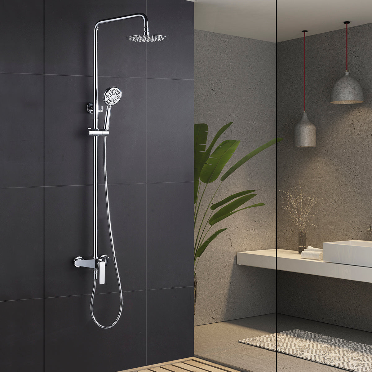 IMEX Colonna doccia miscelatore monocomando cromata in acciaio inox e ottone con asta estensibile 87-123 cm soffione extrapiatto Ø20 cm anticalcare cartuccia ceramica Ø35 mm tubo 15 m flessibile I