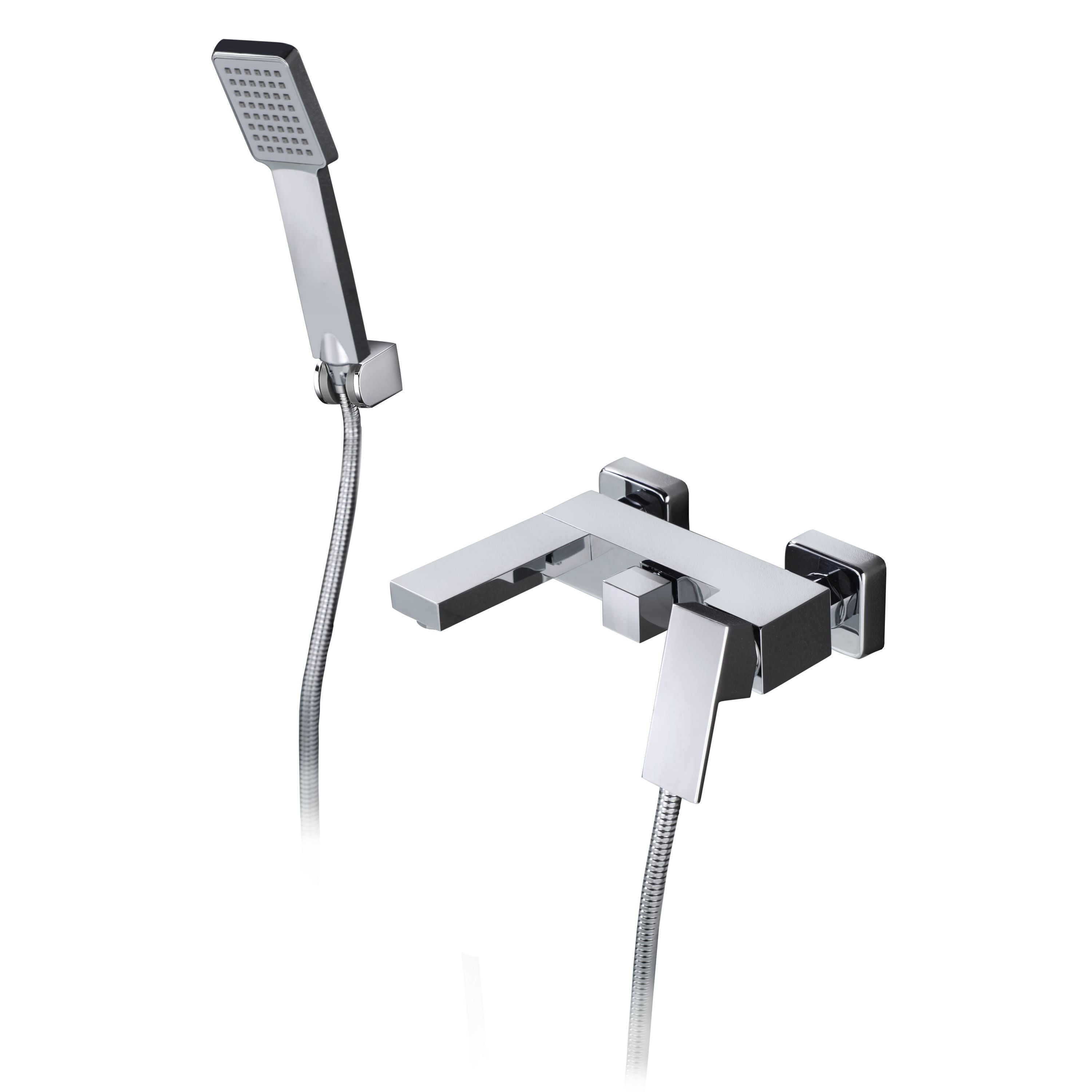 IMEX Miscelatore vasca-doccia cromato in ottone e zama con cartuccia ceramica Ø35 mm, tubo flessibile metallico estensibile 180 cm, soffione quadrato e portamanopola in ABS, modello Imex-BDV003-4 Vale