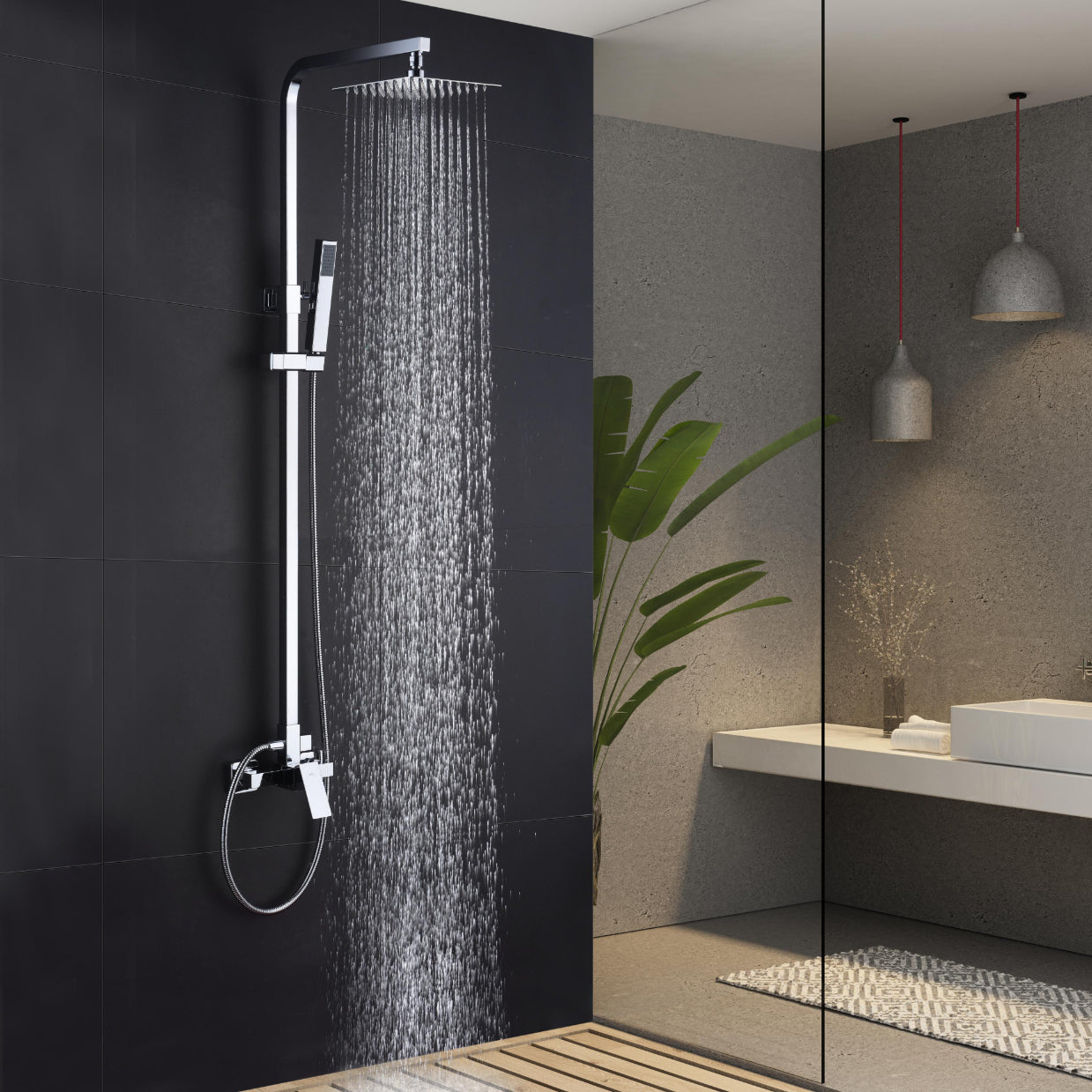 IMEX Set doccia miscelatore cromato in acciaio e ottone con asta estensibile 92-136 cm, soffione quadrato 20x20 cm extrapiatto anticalcare, cartuccia ceramica Ø35 mm, flessibile 1,5 m, modello Imex-BD