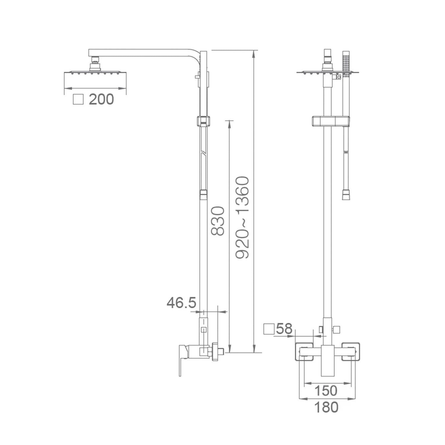 IMEX Set doccia miscelatore cromato in acciaio e ottone con asta estensibile 92-136 cm, soffione quadrato 20x20 cm extrapiatto anticalcare, cartuccia ceramica Ø35 mm, flessibile 1,5 m, modello Imex-BD