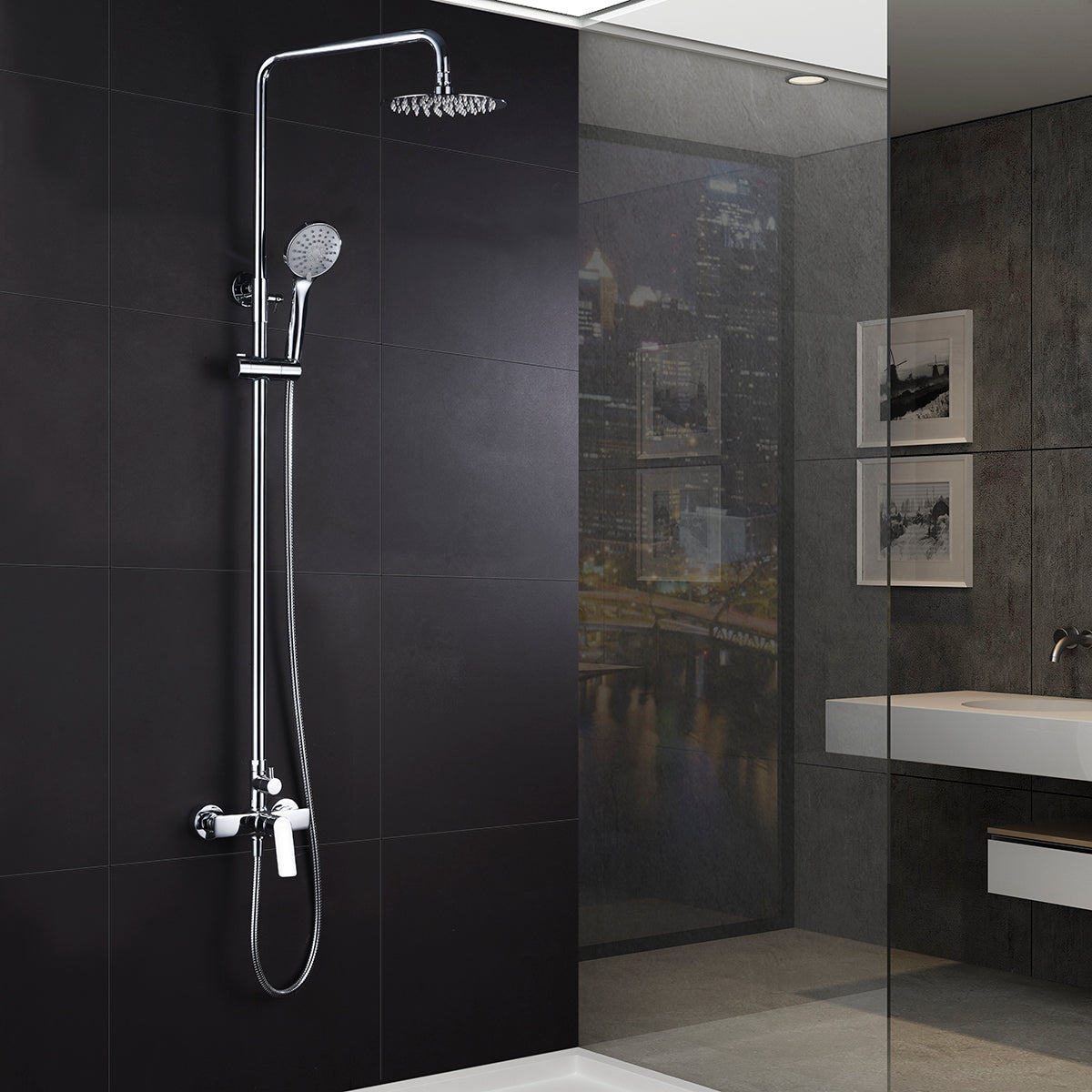 IMEX Colonna doccia miscelatore cromata in acciaio e ottone con asta estensibile inox 95-133 cm, soffione extrapiatto Ø20 cm anticalcare, cartuccia ceramica 25 mm, maniglia a 3 posizioni, flessibile 1