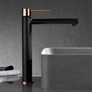 IMEX Miscelatore lavabo alto monocomando nero opaco e oro rosa corpo ottone e zama cartuccia ceramica 25 mm tubi flessibili 3/8 serie MILOS modello Stick Imex-BDYS045-3NOR