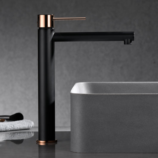IMEX Miscelatore lavabo alto monocomando nero opaco e oro rosa corpo ottone e zama cartuccia ceramica 25 mm tubi flessibili 3/8 serie MILOS modello Stick Imex-BDYS045-3NOR