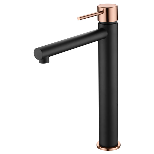 IMEX Miscelatore lavabo alto monocomando nero opaco e oro rosa corpo ottone e zama cartuccia ceramica 25 mm tubi flessibili 3/8 serie MILOS modello Stick Imex-BDYS045-3NOR
