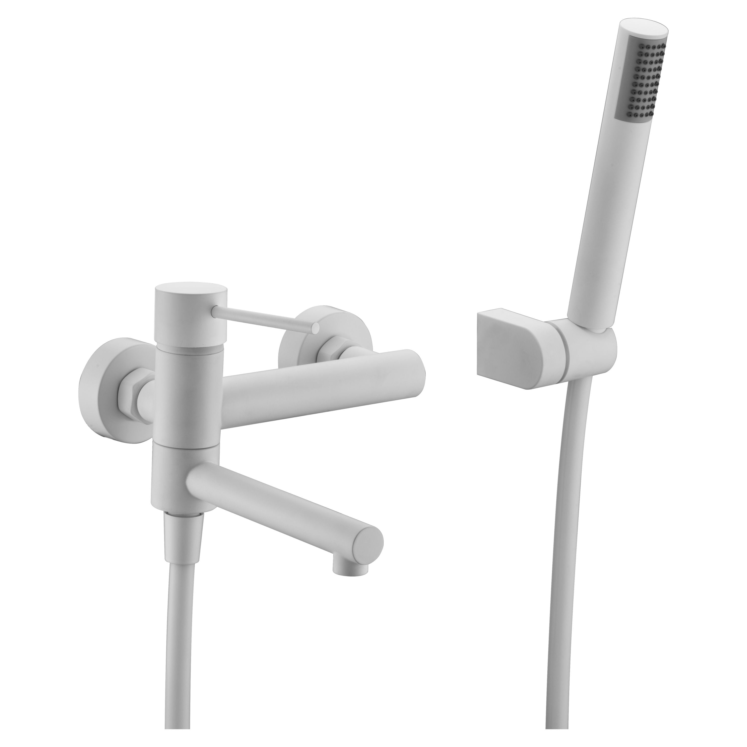 IMEX Miscelatore vasca-doccia monocomando in ottone e zama bianco opaco, tubo flessibile metallo 180 cm, supporto ABS, maniglia doccia rotonda, cartuccia ceramica Ø35 mm, modello Imex-BDYS045-4BL