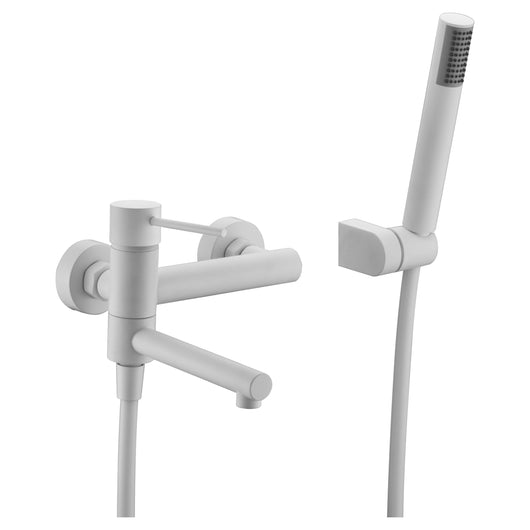 IMEX Miscelatore vasca-doccia monocomando in ottone e zama bianco opaco, tubo flessibile metallo 180 cm, supporto ABS, maniglia doccia rotonda, cartuccia ceramica Ø35 mm, modello Imex-BDYS045-4BL