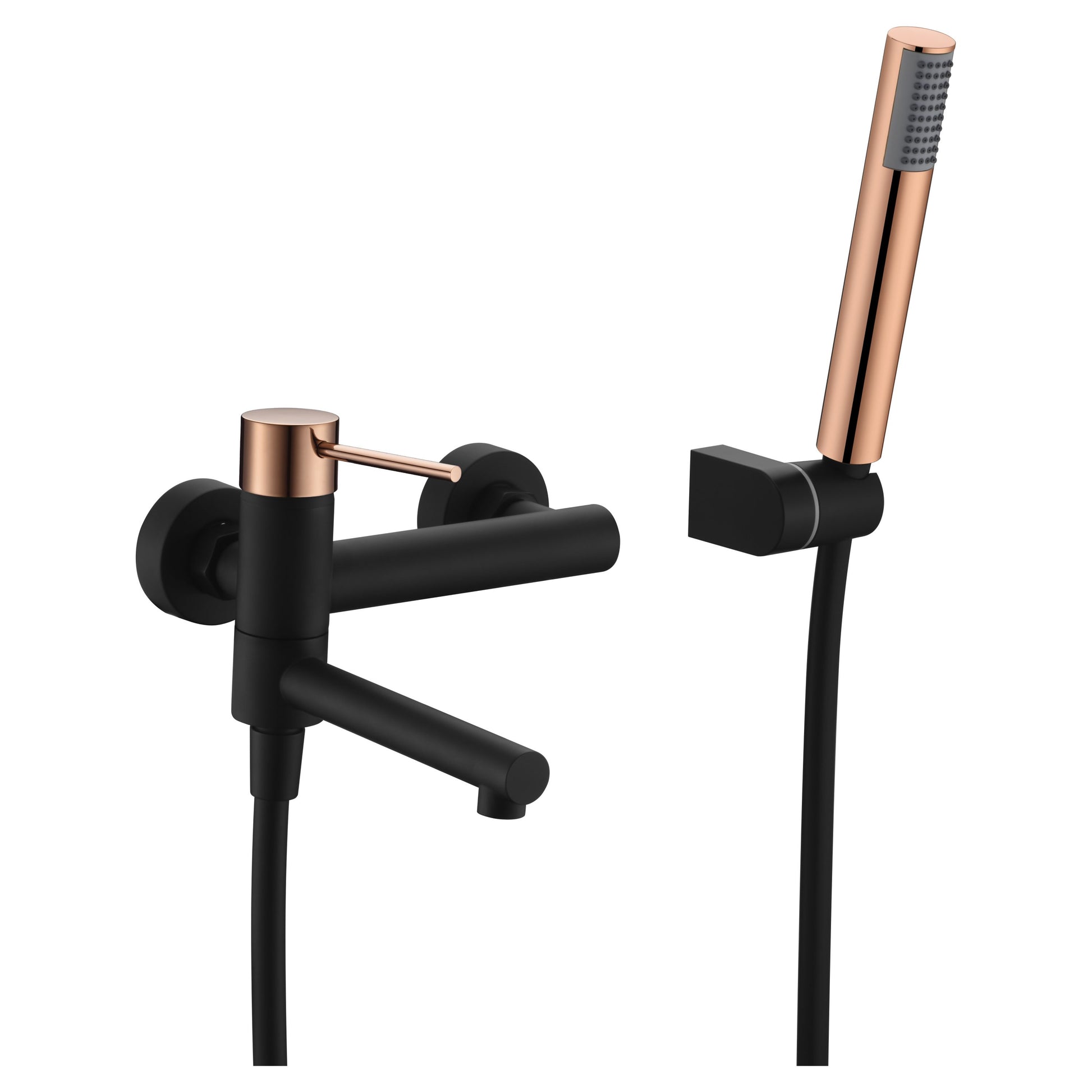 IMEX Miscelatore vasca-doccia nero oro rosa in ottone e zama con tubo flessibile metallo 1,8 m, supporto ABS, maniglia rotonda, cartuccia ceramica Ø35 mm modello Imex-BDYS045-4NOR Milos Stick ner