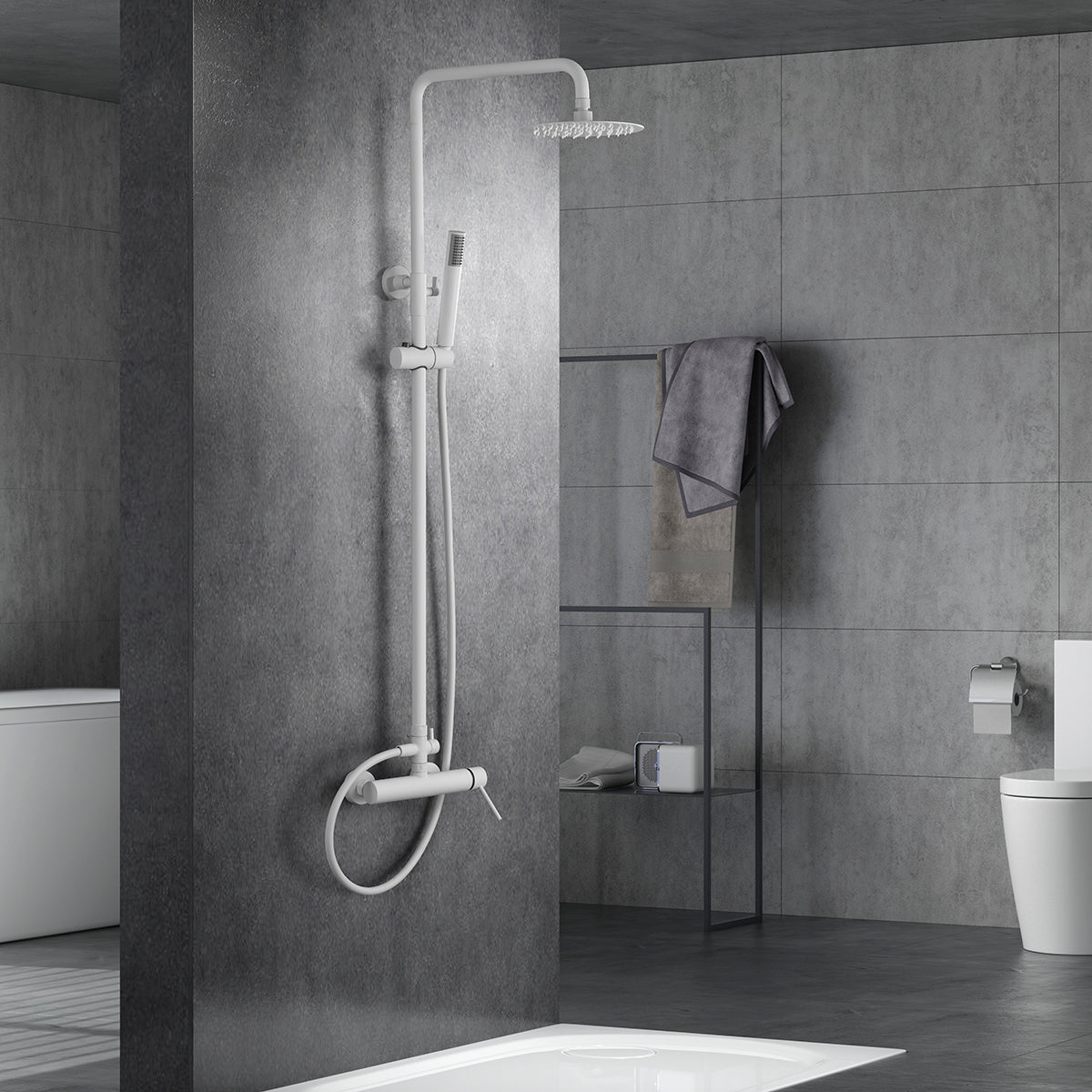 IMEX Set doccia monocomando Milos Stick bianco opaco acciaio inox e ottone, asta estensibile 95-132,5 cm, soffione extrapiatto Ø20 cm anticalcare, cartuccia ceramica Ø35 mm, tubo flessibile PVC Imex-B