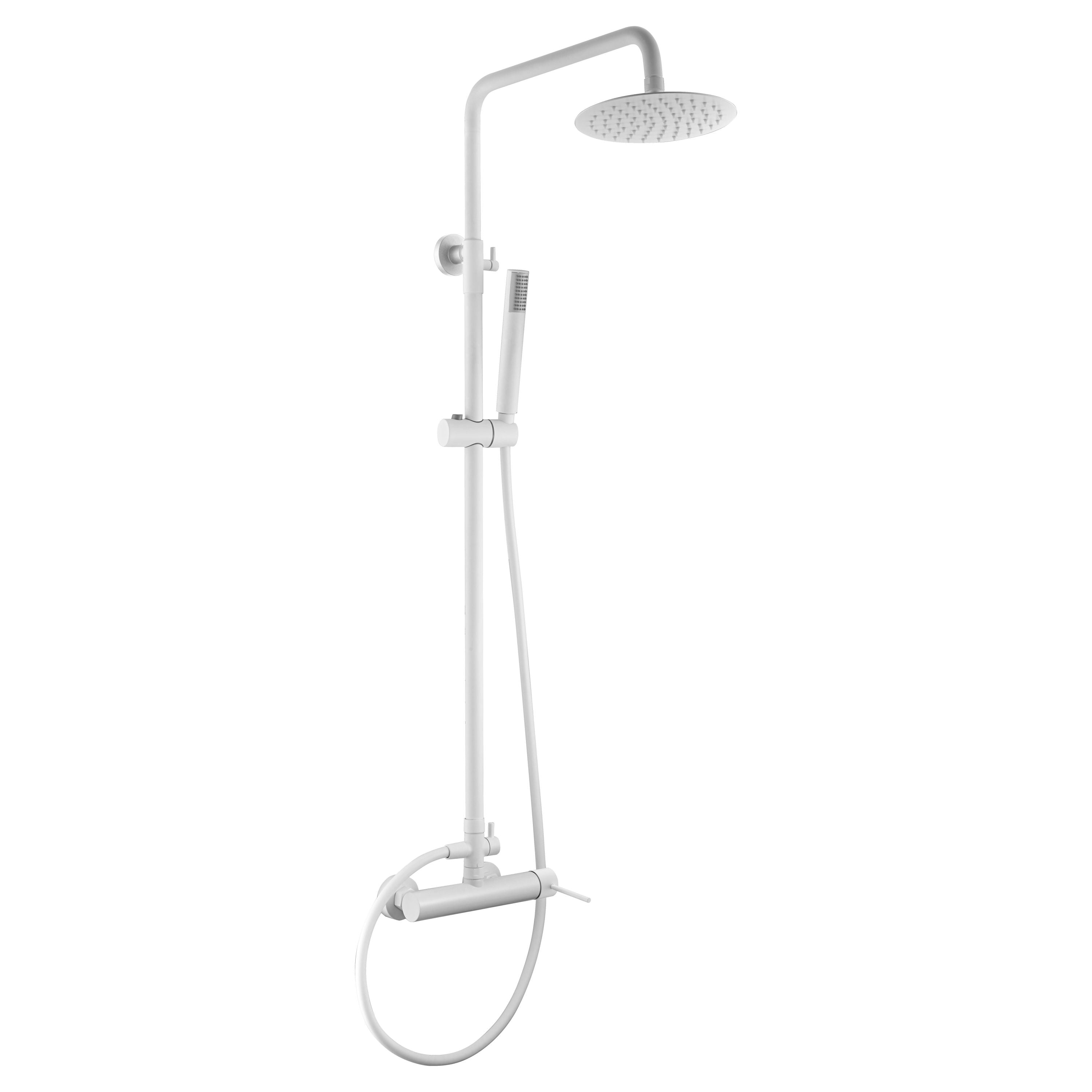 IMEX Set doccia monocomando Milos Stick bianco opaco acciaio inox e ottone, asta estensibile 95-132,5 cm, soffione extrapiatto Ø20 cm anticalcare, cartuccia ceramica Ø35 mm, tubo flessibile PVC Imex-B