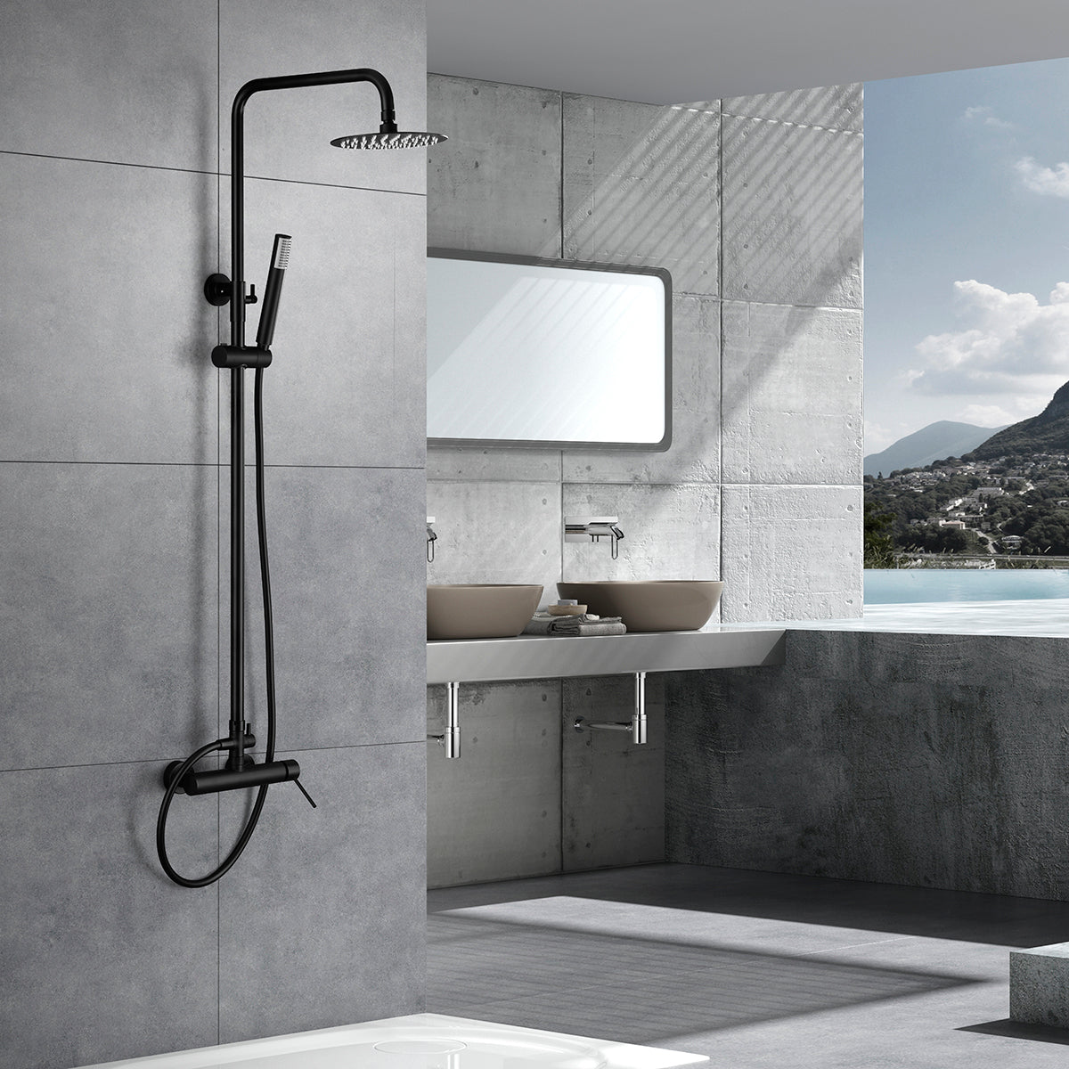 IMEX Set doccia monocomando nero opaco in acciaio e ottone con asta estensibile 95-132,5 cm, soffione extra piatto Ø20 cm anticalcare, cartuccia ceramica Ø35 mm, flessibile 1,5 m e maniglia Imex-BDYS0