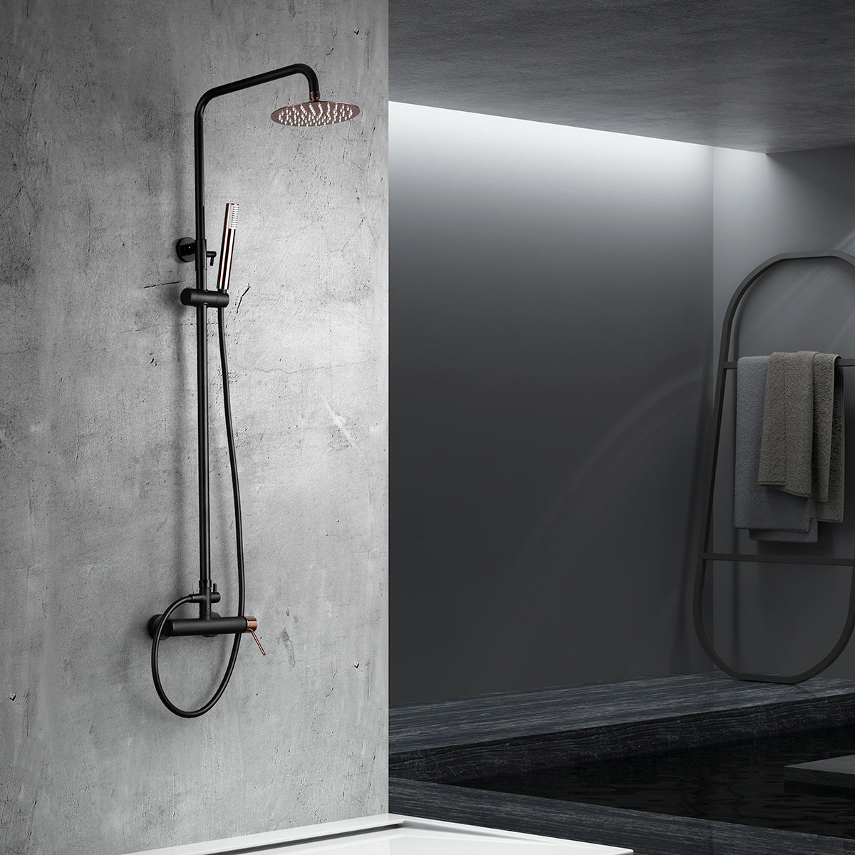 IMEX Colonna doccia miscelatore monocomando nero/oro rosa in ottone nero opaco e acciaio inox S304 con soffione tondo Ø20 cm anticalcare, asta estensibile 95-132,5 cm, doccetta monoposizione, cartucci