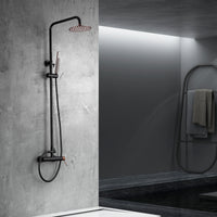 IMEX Colonna doccia miscelatore monocomando nero/oro rosa in ottone nero opaco e acciaio inox S304 con soffione tondo Ø20 cm anticalcare, asta estensibile 95-132,5 cm, doccetta monoposizione, cartucci