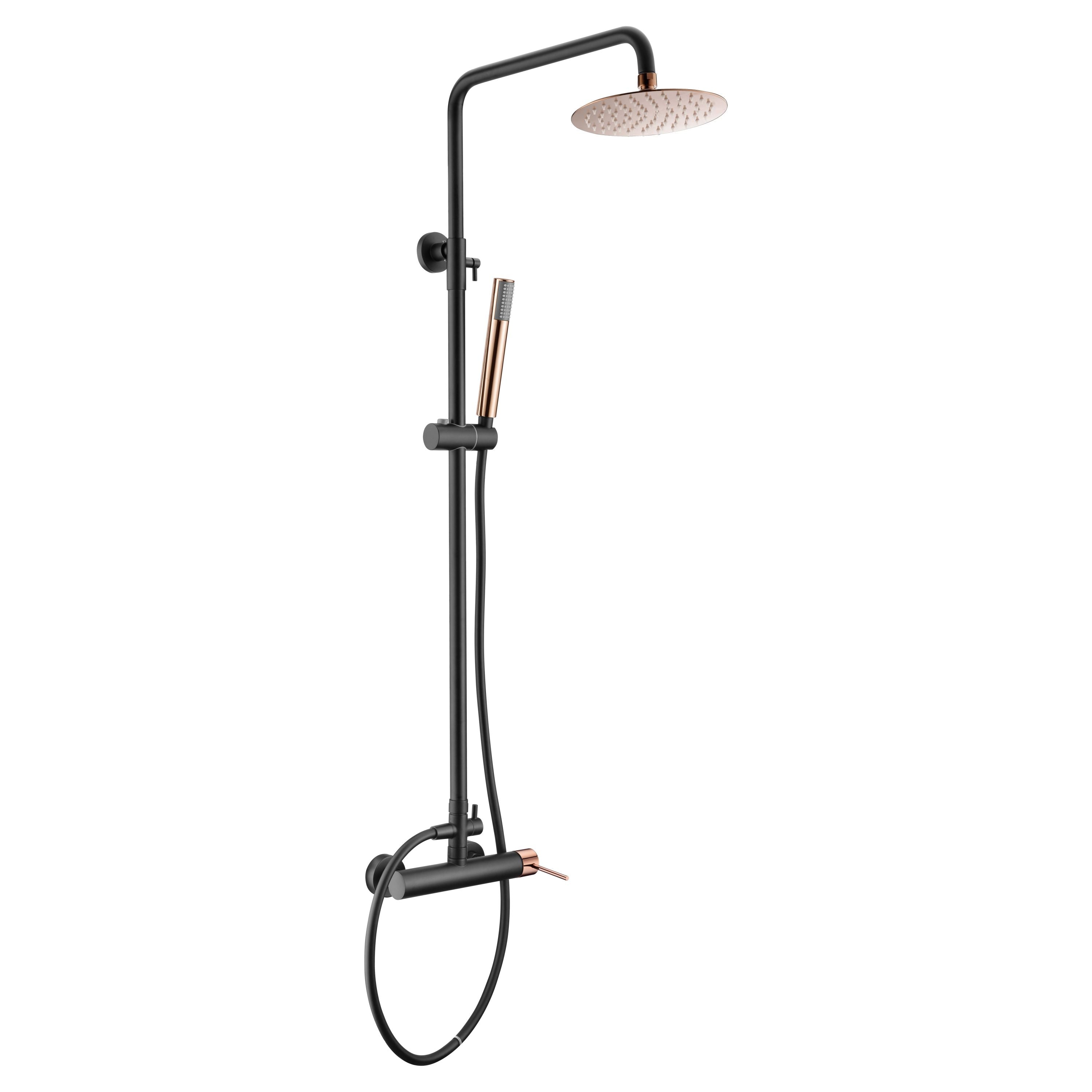 IMEX Colonna doccia miscelatore monocomando nero/oro rosa in ottone nero opaco e acciaio inox S304 con soffione tondo Ø20 cm anticalcare, asta estensibile 95-132,5 cm, doccetta monoposizione, cartucci