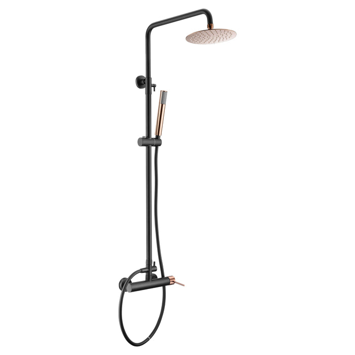 IMEX Colonna doccia miscelatore monocomando nero/oro rosa in ottone nero opaco e acciaio inox S304 con soffione tondo Ø20 cm anticalcare, asta estensibile 95-132,5 cm, doccetta monoposizione, cartucci