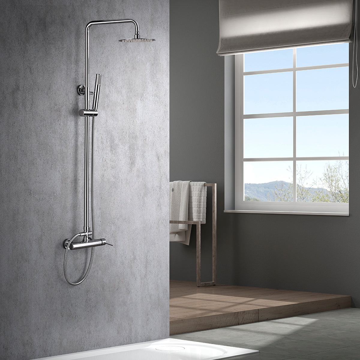 IMEX Colonna doccia miscelatore monocomando cromata in acciaio inox e ottone con asta estensibile 95-132,5 cm, soffione extra piatto Ø20 cm anticalcare, cartuccia ceramica Ø35 mm, flessibile 1,5 m Ime