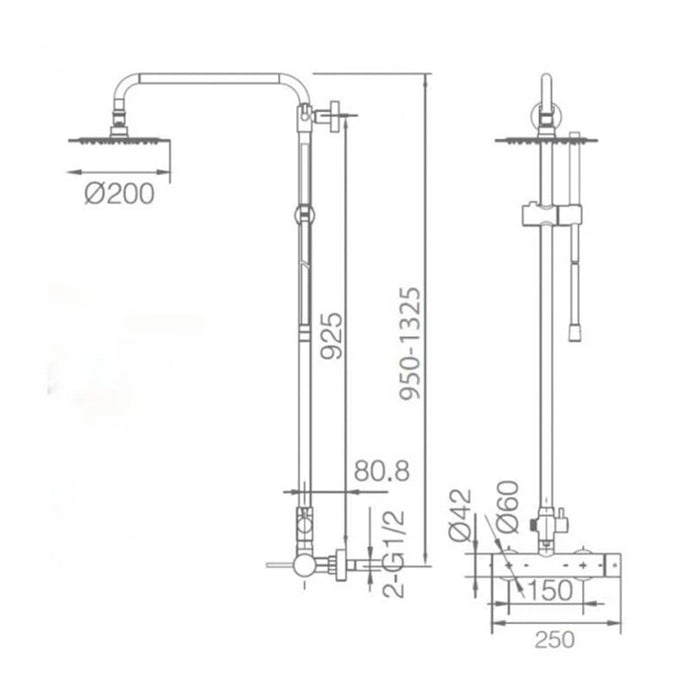IMEX Colonna doccia miscelatore monocomando cromata in acciaio inox e ottone con asta estensibile 95-132,5 cm, soffione extra piatto Ø20 cm anticalcare, cartuccia ceramica Ø35 mm, flessibile 1,5 m Ime