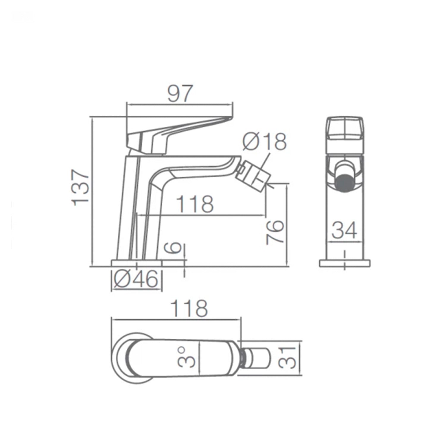 IMEX Miscelatore bidet monocomando cromato corpo in ottone e zama cartuccia ceramica Ø25 mm tubi flessibili 3/8 inclusi serie BELGICA Imex-BDZ044-2