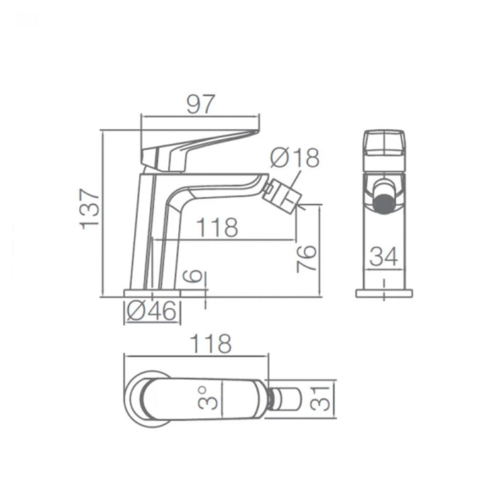 IMEX Miscelatore bidet monocomando cromato corpo in ottone e zama cartuccia ceramica Ø25 mm tubi flessibili 3/8 inclusi serie BELGICA Imex-BDZ044-2