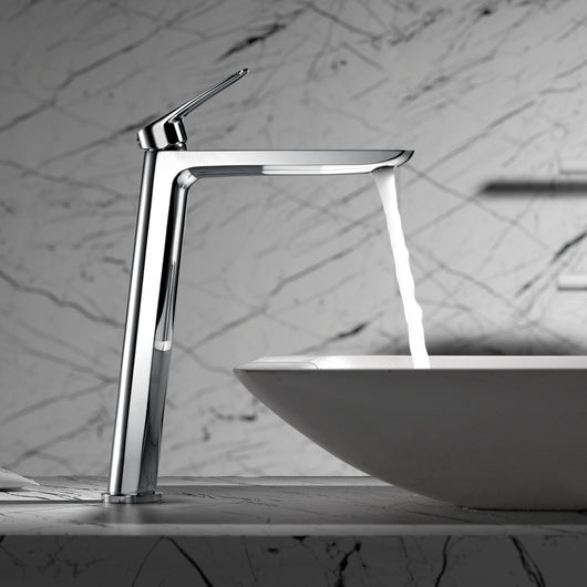 IMEX Miscelatore monocomando lavabo alto cromato corpo ottone e zama cartuccia ceramica 25mm tubi flessibili 3/8 aeratore ultrasottile modello Imex-BDZ044-3 serie BELGICA