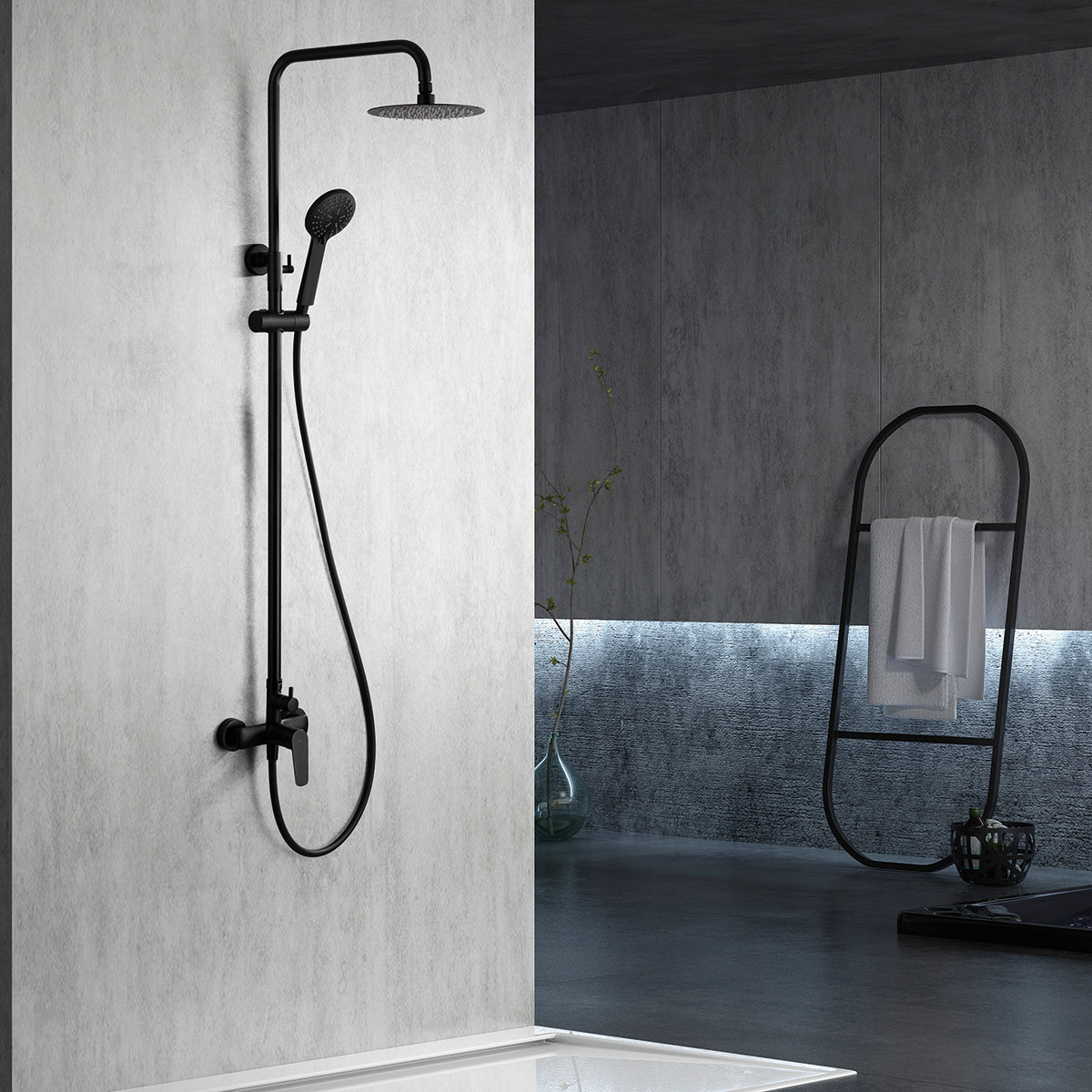 IMEX Set doccia monocomando Belgica nero opaco in acciaio e ottone, asta estensibile 95-132 cm, soffione extrapiatto Ø20 cm anticalcare, cartuccia ceramica Ø35 mm, tubo flessibile 1,5 m, modello Imex-