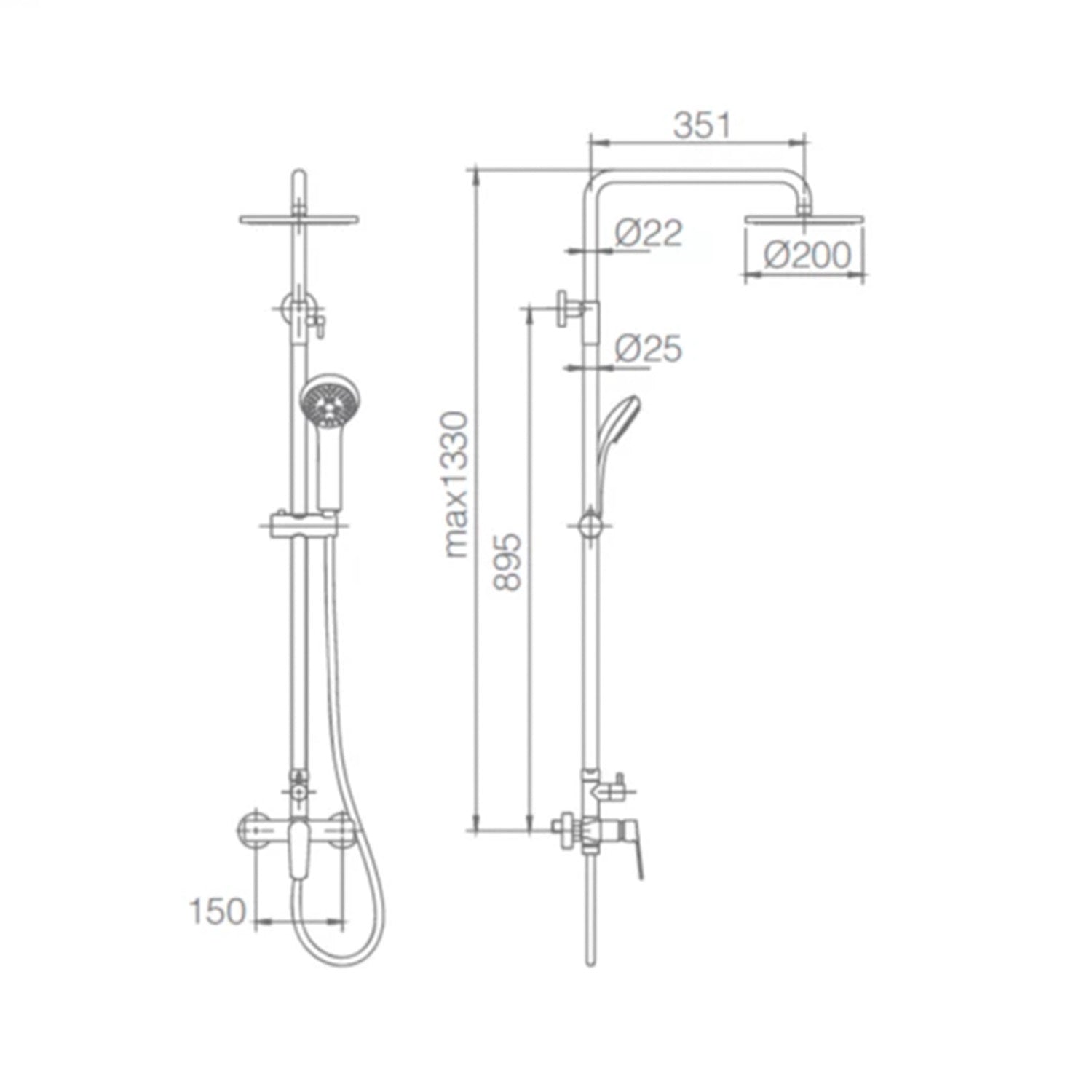 IMEX Set doccia monocomando Belgica nero opaco in acciaio e ottone, asta estensibile 95-132 cm, soffione extrapiatto Ø20 cm anticalcare, cartuccia ceramica Ø35 mm, tubo flessibile 1,5 m, modello Imex-