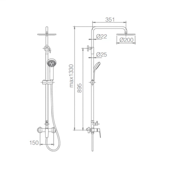 IMEX Colonna doccia miscelatore cromata in acciaio e ottone con asta estensibile 95-132 cm, soffione extrapiatto Ø20 cm anticalcare, cartuccia ceramica Ø35 mm, rubinetto monocomando, flexo 1,5 m Imex-