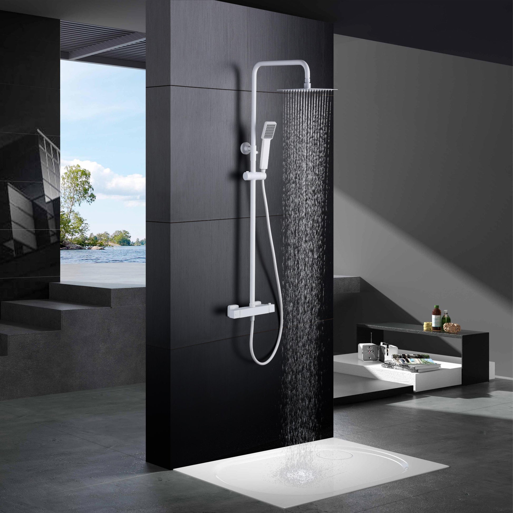 IMEX Set doccia termostatico serie ART corpo ottone asta estensibile acciaio soffione extrapiatto Ø20 anticalcare cartuccia TURN CLEAN SYSTEM tubo e maniglia inclusi finitura bianco opaco - Imex