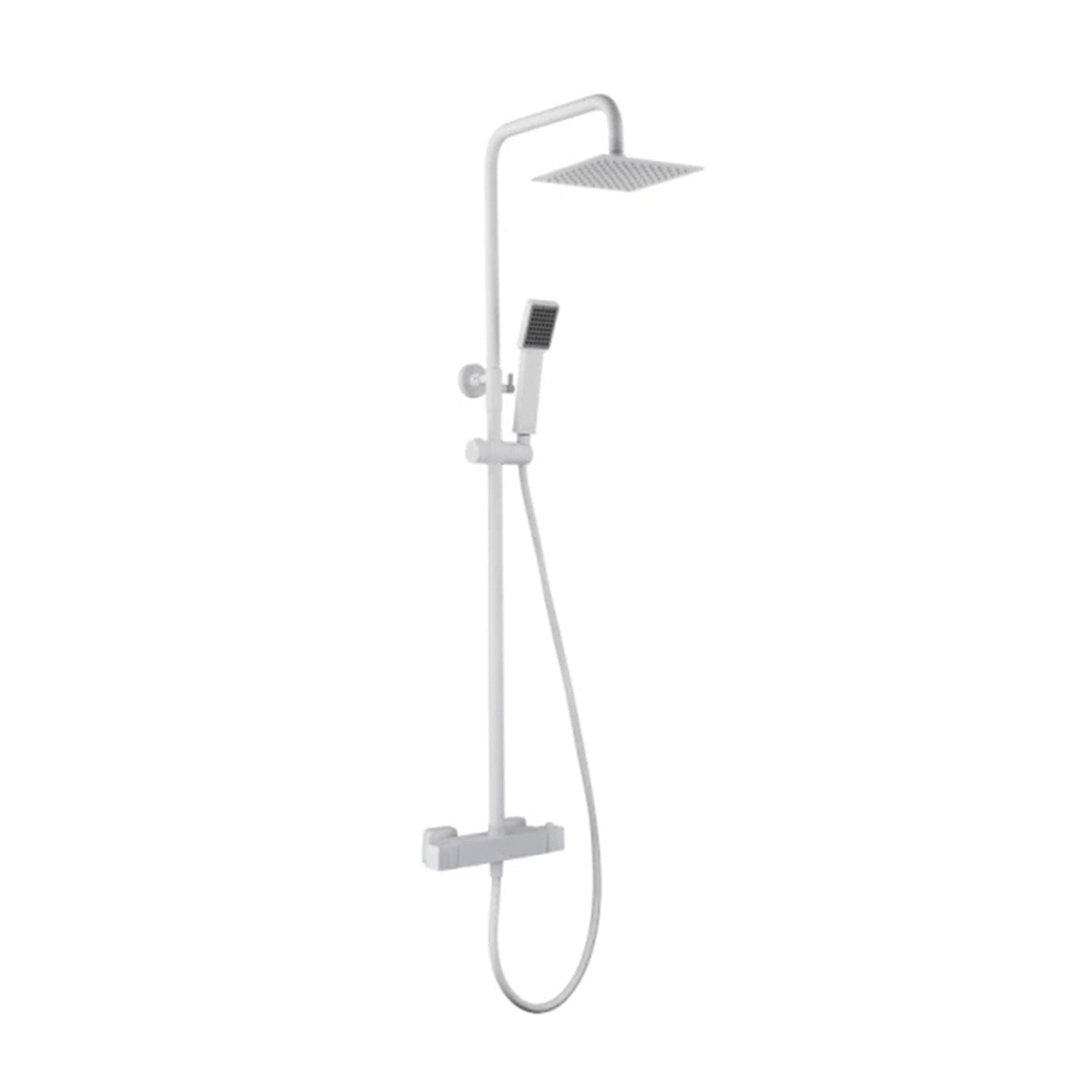 IMEX Set doccia termostatico serie ART corpo ottone asta estensibile acciaio soffione extrapiatto Ø20 anticalcare cartuccia TURN CLEAN SYSTEM tubo e maniglia inclusi finitura bianco opaco - Imex