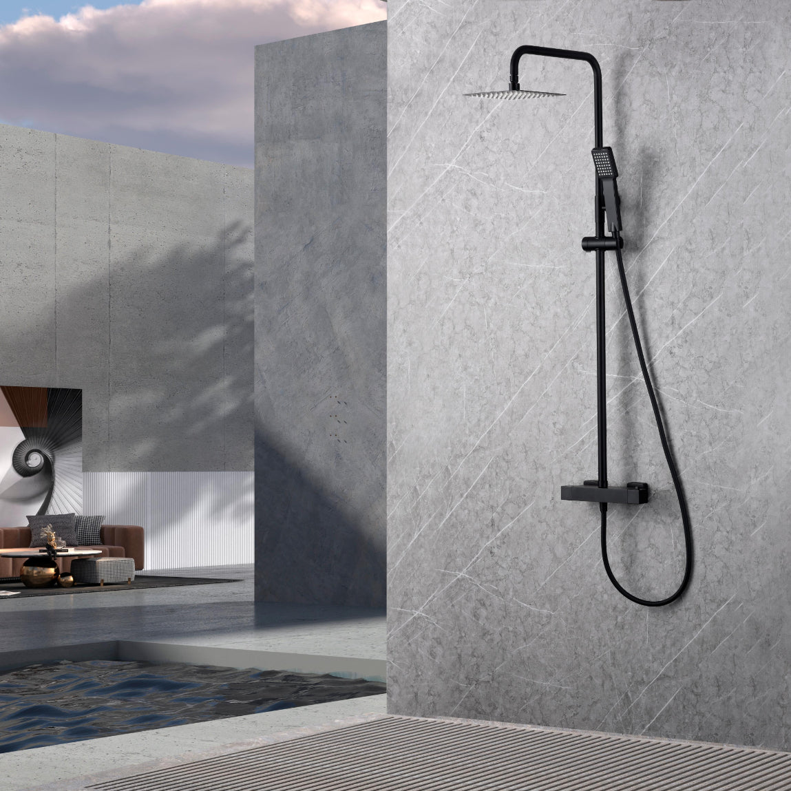 IMEX Colonna doccia termostatica nero opaco Acciaio e ottone con soffione extra piatto Ø20 anticalcare asta estensibile cartuccia TURN CLEAN SYSTEM flessibile e maniglia inclusi modello Imex-BTAR02