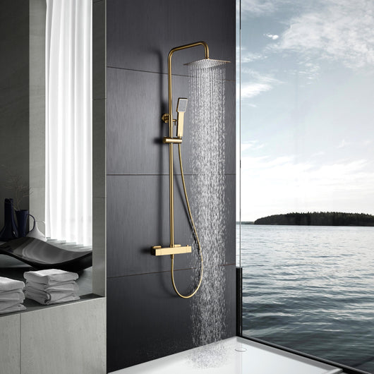 IMEX Colonna doccia termostatica oro spazzolato in acciaio e ottone con finitura PVD asta estensibile corpo rubinetto in ottone soffione extra piatto Ø20 anticalcare cartuccia TURN CLEAN SYSTEM f