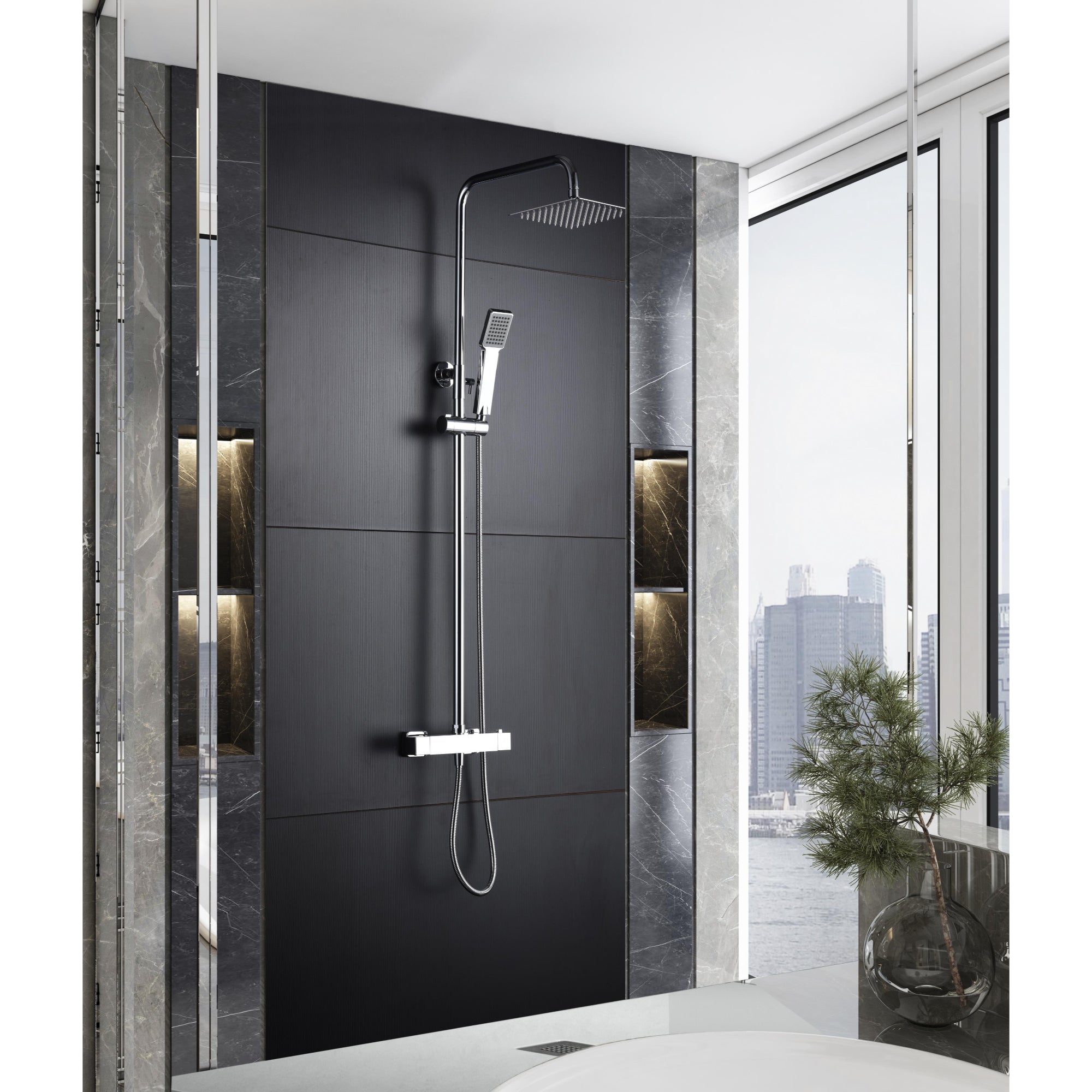 IMEX Colonna doccia termostatica cromata in acciaio e ottone soffione extra piatto Ø20 anticalcare asta estensibile cartuccia TURN CLEAN SYSTEM flessibile e maniglia inclusi – Modello Imex-BTAR025