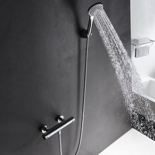 IMEX Miscelatore doccia termostatico cromato in ottone e zama con cartuccia termostatica TURN CLEAN SYSTEM, flessibile metallo 180 cm, supporto doccetta ABS, maniglia tonda - Modello Creta Imex-BTC018