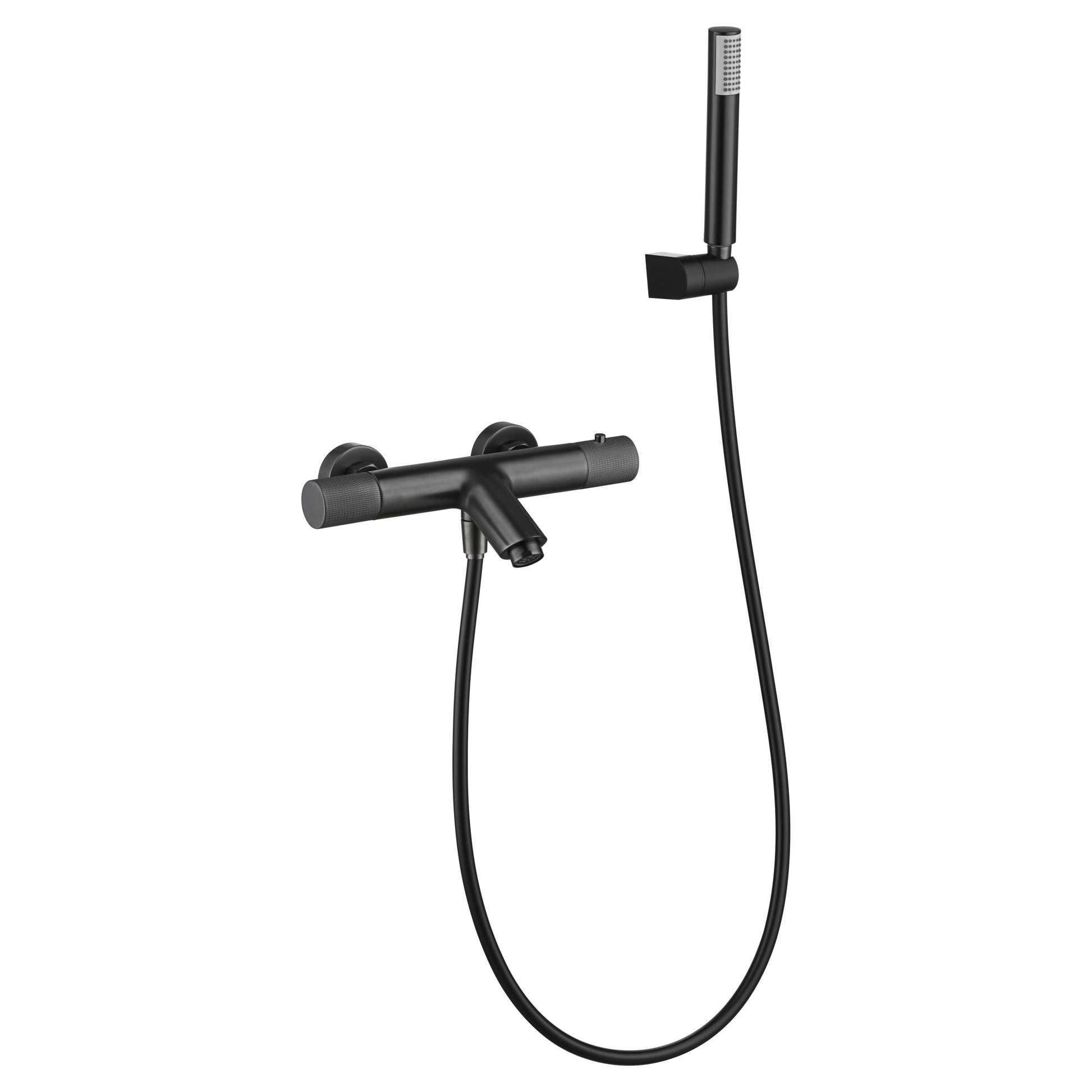 IMEX Miscelatore vasca-doccia termostatico nero opaco in ottone con finitura PVD, tubo flessibile PVC, supporto maniglia ABS, cartuccia termostatica TURN CLEAN SYSTEM, serie LINE - Imex-BTD038-4BGM