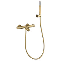 IMEX Miscelatore vasca-doccia termostatico in ottone e zama finitura PVD oro spazzolato, cartuccia termostatica TURN CLEAN SYSTEM, tubo flessibile PVC, maniglia doccia ABS, modello Imex-BTD038-4OC