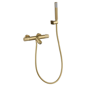 IMEX Miscelatore vasca-doccia termostatico in ottone e zama finitura PVD oro spazzolato, cartuccia termostatica TURN CLEAN SYSTEM, tubo flessibile PVC, maniglia doccia ABS, modello Imex-BTD038-4OC