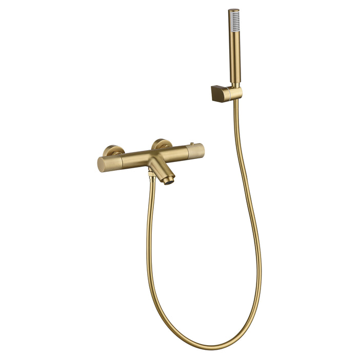 IMEX Miscelatore vasca-doccia termostatico in ottone e zama finitura PVD oro spazzolato, cartuccia termostatica TURN CLEAN SYSTEM, tubo flessibile PVC, maniglia doccia ABS, modello Imex-BTD038-4OC