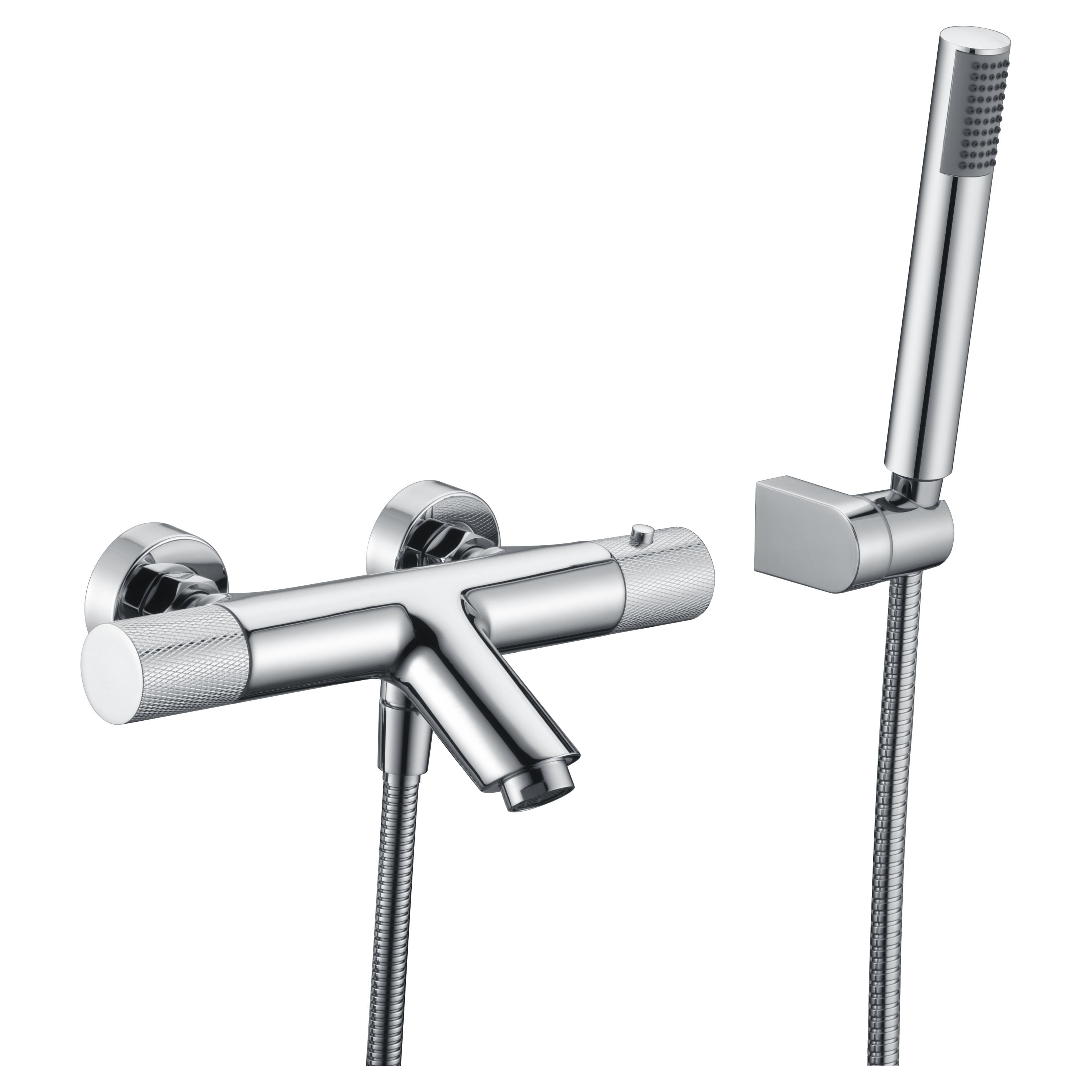IMEX Miscelatore vasca-doccia termostatico cromato in ottone e zama, tubo flessibile metallo 180 cm, supporto doccia ABS, maniglia rotonda, cartuccia termostatica TURN CLEAN SYSTEM - Modello Imex-BTD0
