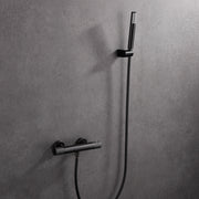 IMEX Miscelatore doccia termostatico in ottone black gun metal, finitura PVD, supporto doccia in ABS nero, tubo flessibile PVC, maniglia rotonda metallo, cartuccia TURN CLEAN SYSTEM - modello Imex-BTD