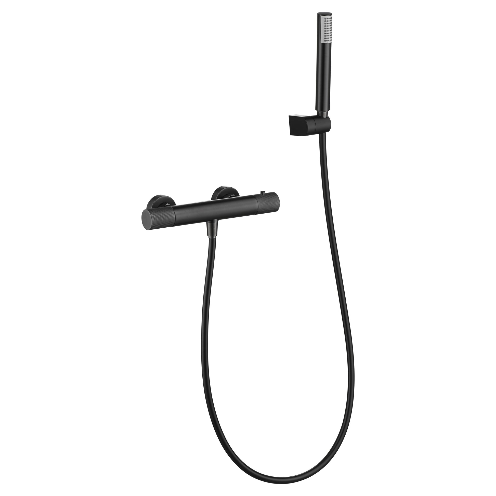 IMEX Miscelatore doccia termostatico in ottone black gun metal, finitura PVD, supporto doccia in ABS nero, tubo flessibile PVC, maniglia rotonda metallo, cartuccia TURN CLEAN SYSTEM - modello Imex-BTD