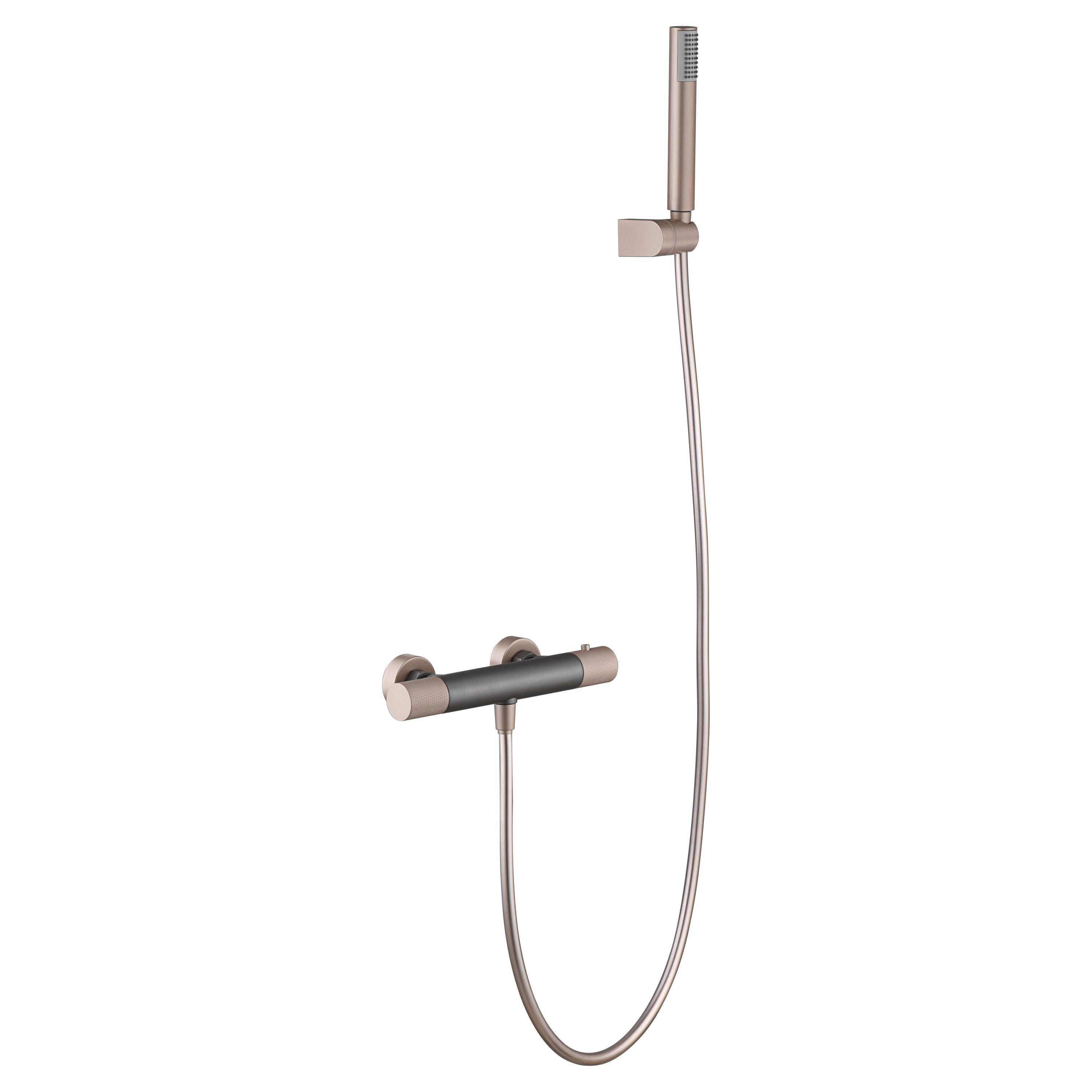 IMEX Miscelatore doccia termostatico in ottone grigio opaco/champagne, supporto maniglia in ABS, tubo flessibile in PVC, maniglia rotonda a 1 posizione, cartuccia termostatica TURN CLEAN SYSTEM - Mode