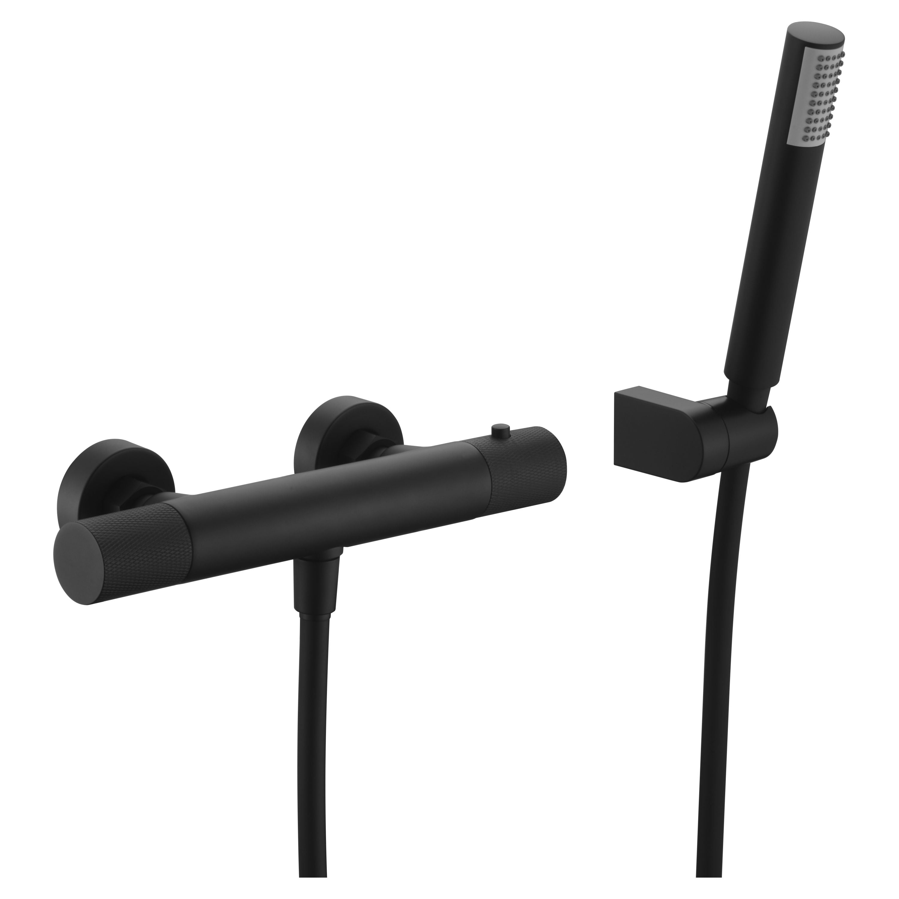 IMEX Set doccia termostatico Line nero opaco, corpo in ottone e zama, tubo flessibile in PVC nero, supporto doccia in ABS, maniglia rotonda, cartuccia termostatica TURN CLEAN SYSTEM Imex-BTD038-5NG