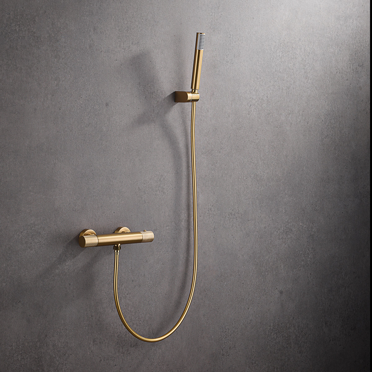 IMEX Miscelatore doccia termostatico oro spazzolato in ottone e zama con finitura PVD, tubo flessibile PVC, supporto ABS, maniglia rotonda, cartuccia TURN CLEAN SYSTEM - Modello Imex-BTD038-5OC