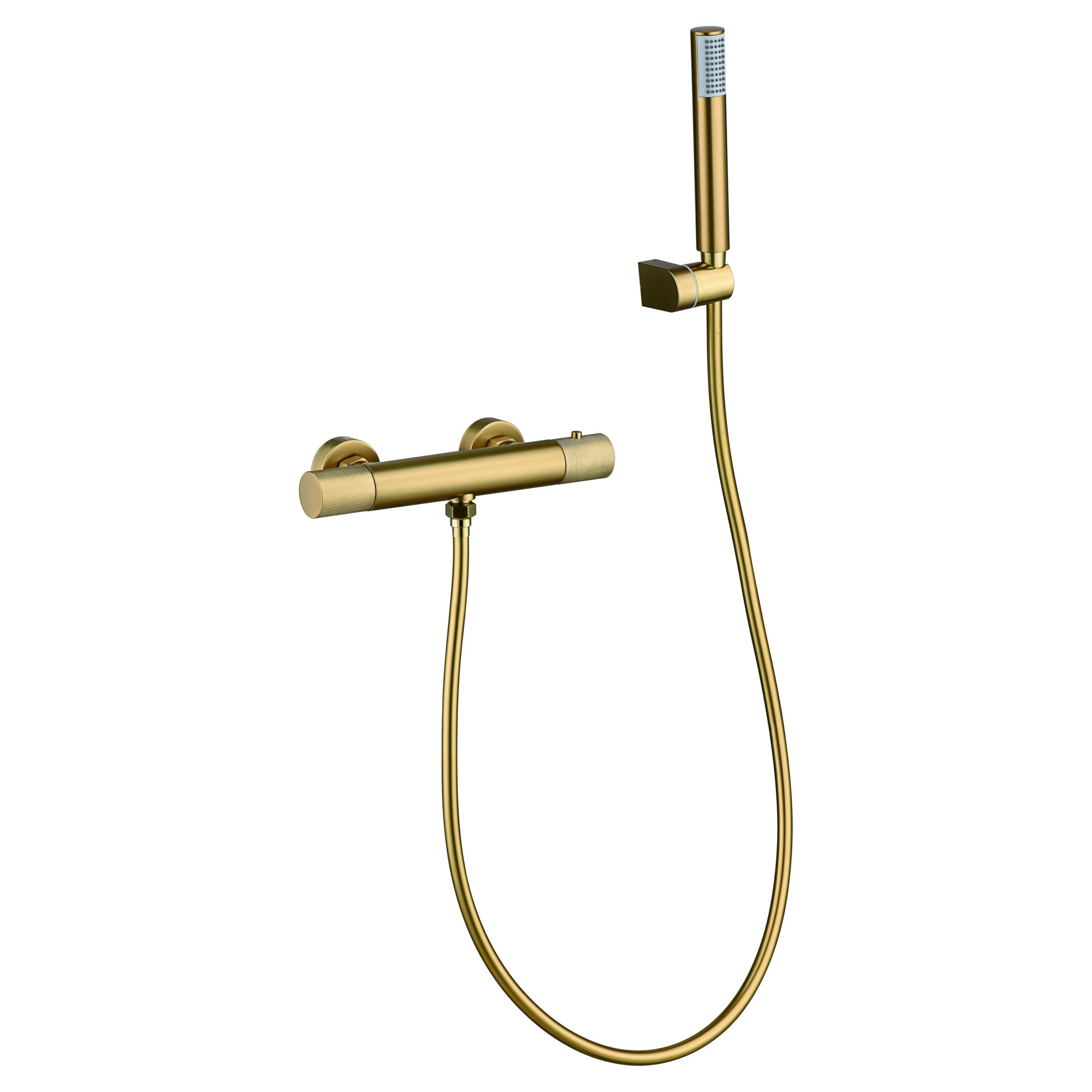 IMEX Miscelatore doccia termostatico oro spazzolato in ottone e zama con finitura PVD, tubo flessibile PVC, supporto ABS, maniglia rotonda, cartuccia TURN CLEAN SYSTEM - Modello Imex-BTD038-5OC