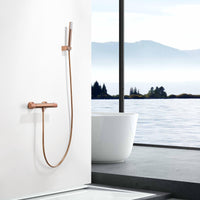 IMEX Miscelatore vasca-doccia termostatico in ottone e zama con finitura PVD oro rosa spazzolato, maniglia tonda in ottone, tubo flessibile PVC, supporto ABS, portata 12 l/min, cartuccia TURN CLEAN SY