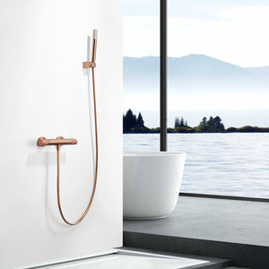 IMEX Miscelatore vasca-doccia termostatico in ottone e zama con finitura PVD oro rosa spazzolato, maniglia tonda in ottone, tubo flessibile PVC, supporto ABS, portata 12 l/min, cartuccia TURN CLEAN SY