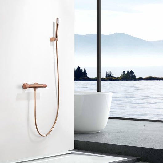 IMEX Miscelatore vasca-doccia termostatico in ottone e zama con finitura PVD oro rosa spazzolato, maniglia tonda in ottone, tubo flessibile PVC, supporto ABS, portata 12 l/min, cartuccia TURN CLEAN SY